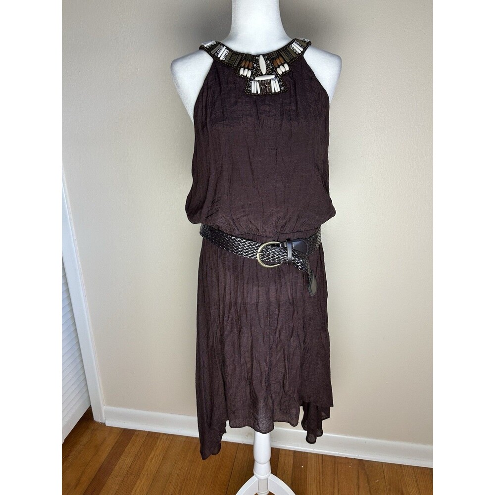 Size L Western Y2K Beaded Halter Dress Belted Boho Hippie Festival Fairy Rodeo